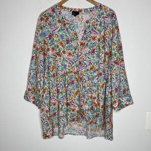 Jones New York Plus 3X Whimsical Floral Colorful Cottage Boho Linen Top